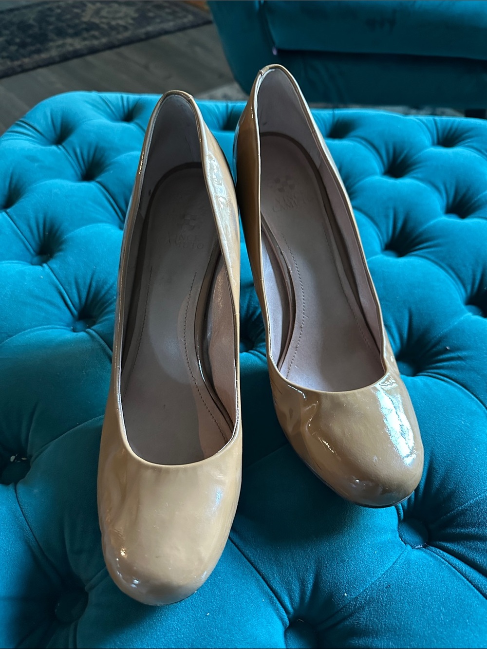 Vince Camuto Patent Round-Toe Pumps in Camel/Tan
